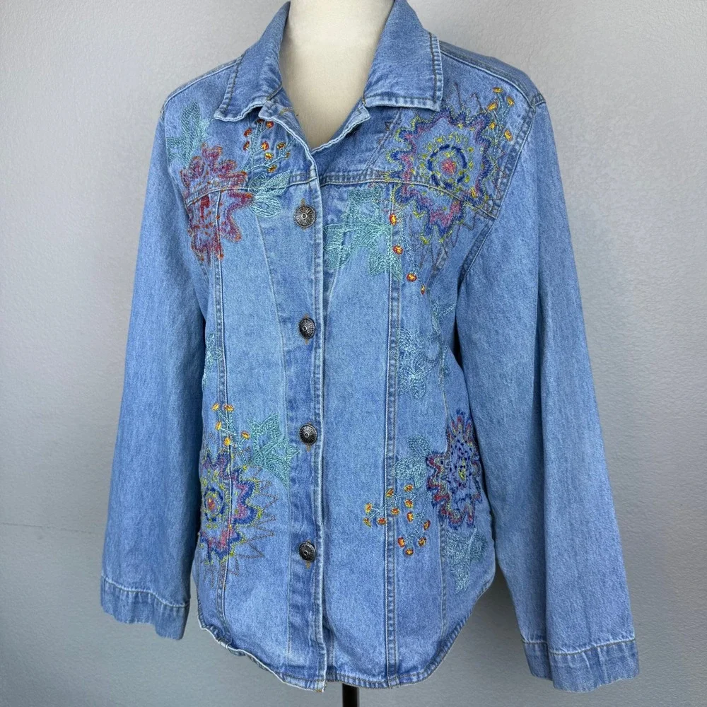 Vintage 90s White Stag Denim Beaded Jacket Embroidered Floral Button Up Large - Picture 3 of 10